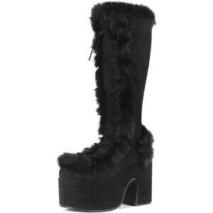 ⚡Womens Black Synthetic Mid Calf Lace Up Chunky High Heel Warm Fur Snow Boots